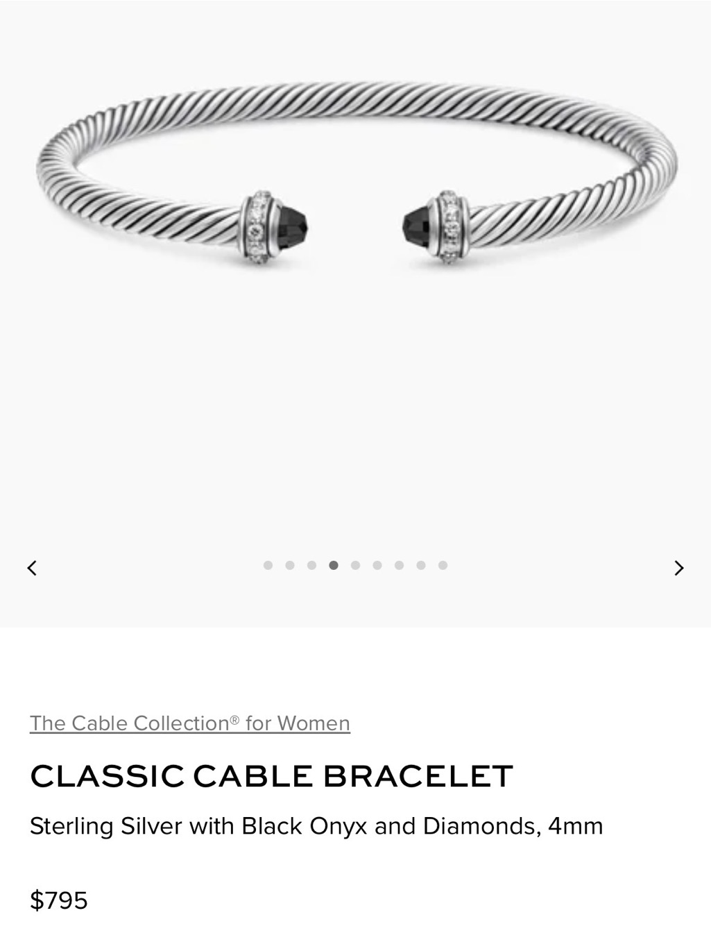 David Yurman Sterling Silver Cable Bracelet With Black Onyx Caps